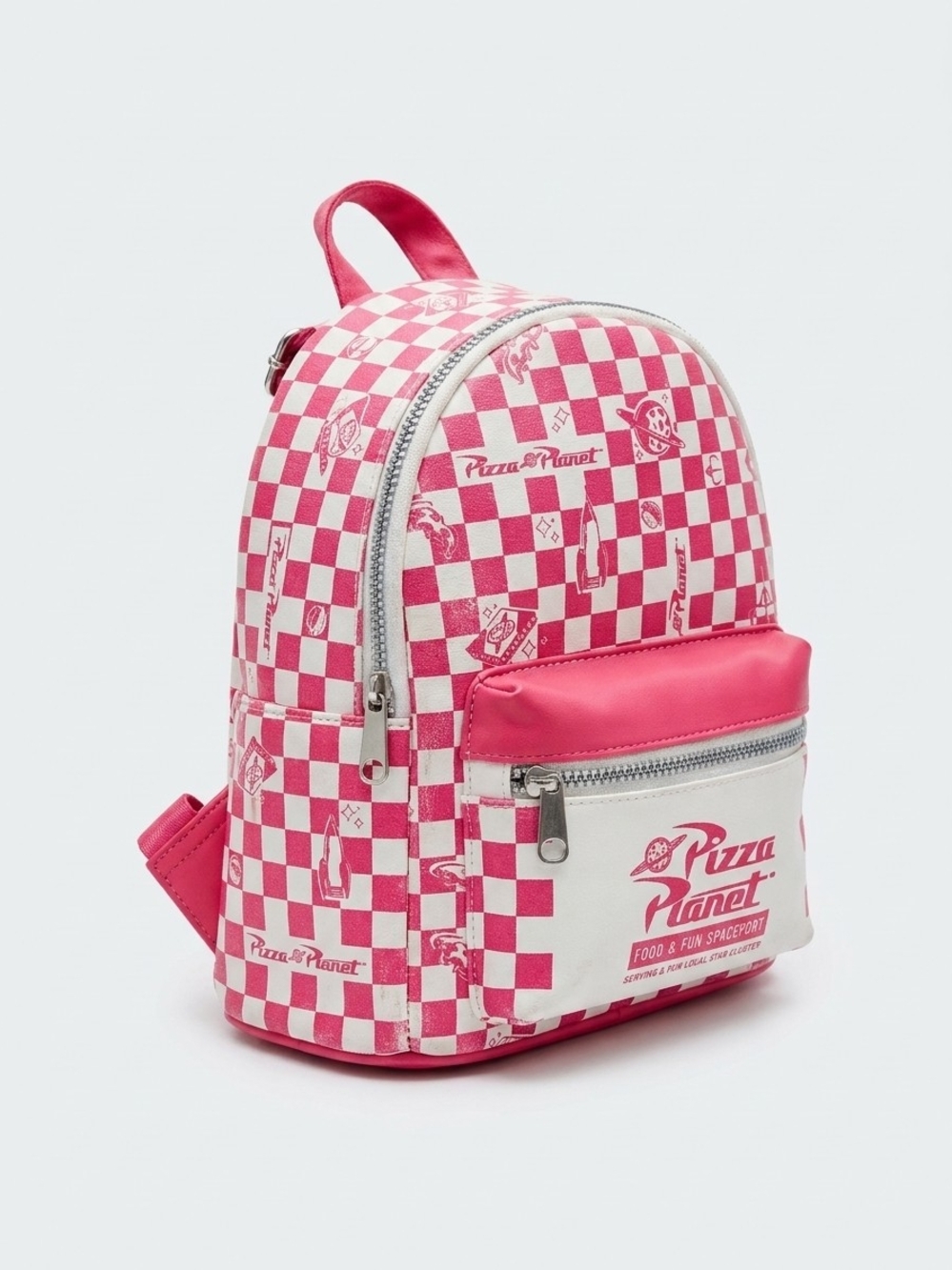 Disney Pink and White Checker Mini Backpack with Pizza Planet Print